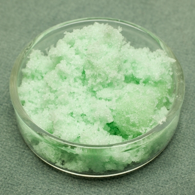 Green crystals of iron sulfate.